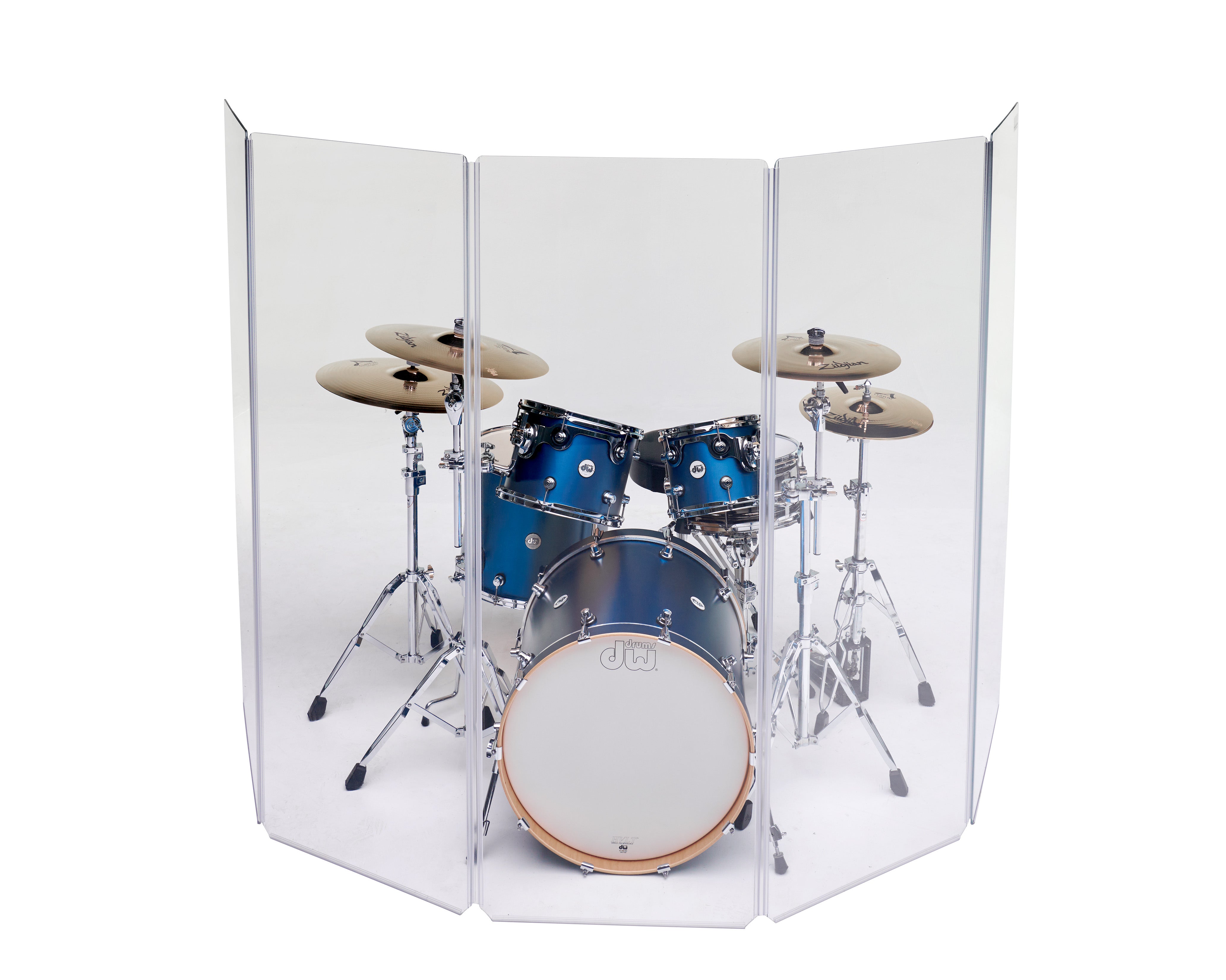 The A2466x5 drum shield covering a blue DW drum kit.