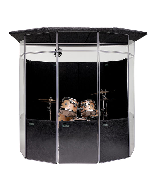 The front view of an IsoPac A isolation Drum Enclosure showing drum shields & sound absorption baffles isolating the sound of a drum set