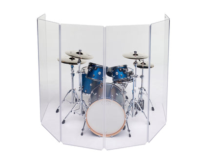 The A2466x6, 5.5 ft. tall 6-panel drum shield in front of a 5-piece drum set. Sound Isolation to reflect sound