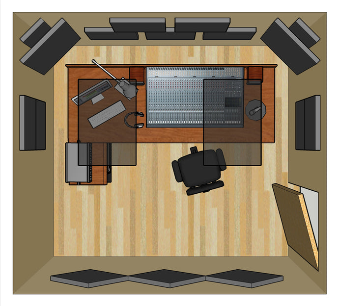 A small studio space with StudioPac 10 acoustic treatment applied to the walls and ceiling.